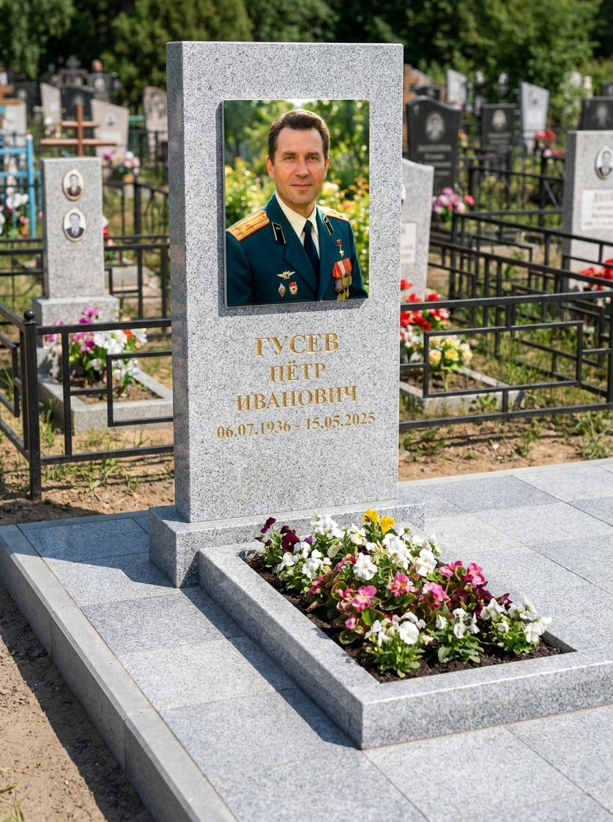 Портрет на памятнике в Краснодаре — Прямоугольник на гранитной стеле, ФИО и даты на портрете